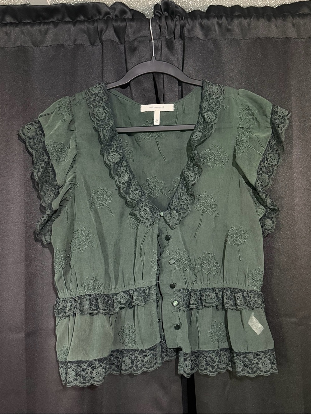 Anthropologie Dark Green Lace-Trim Ruffle Button-Front Blouse